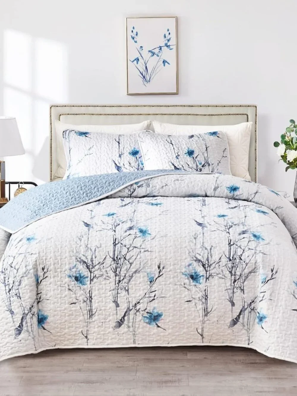 Botanical Quilt Set 2 Pieces Twin Size, Blue Flower Branch on White Reversible B